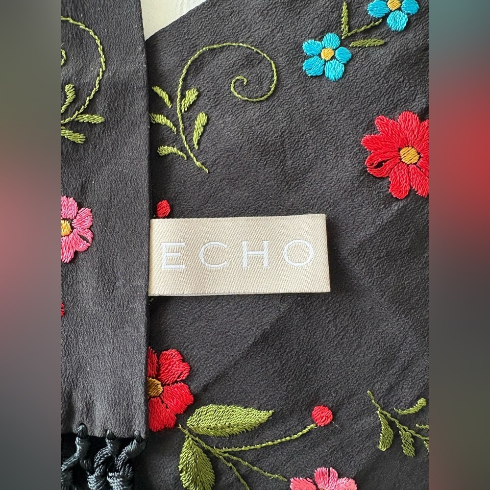ECHO 100% Silk Black Embroidered Floral Scarf Long Knotted Fringe 75” - Picture 3 of 7